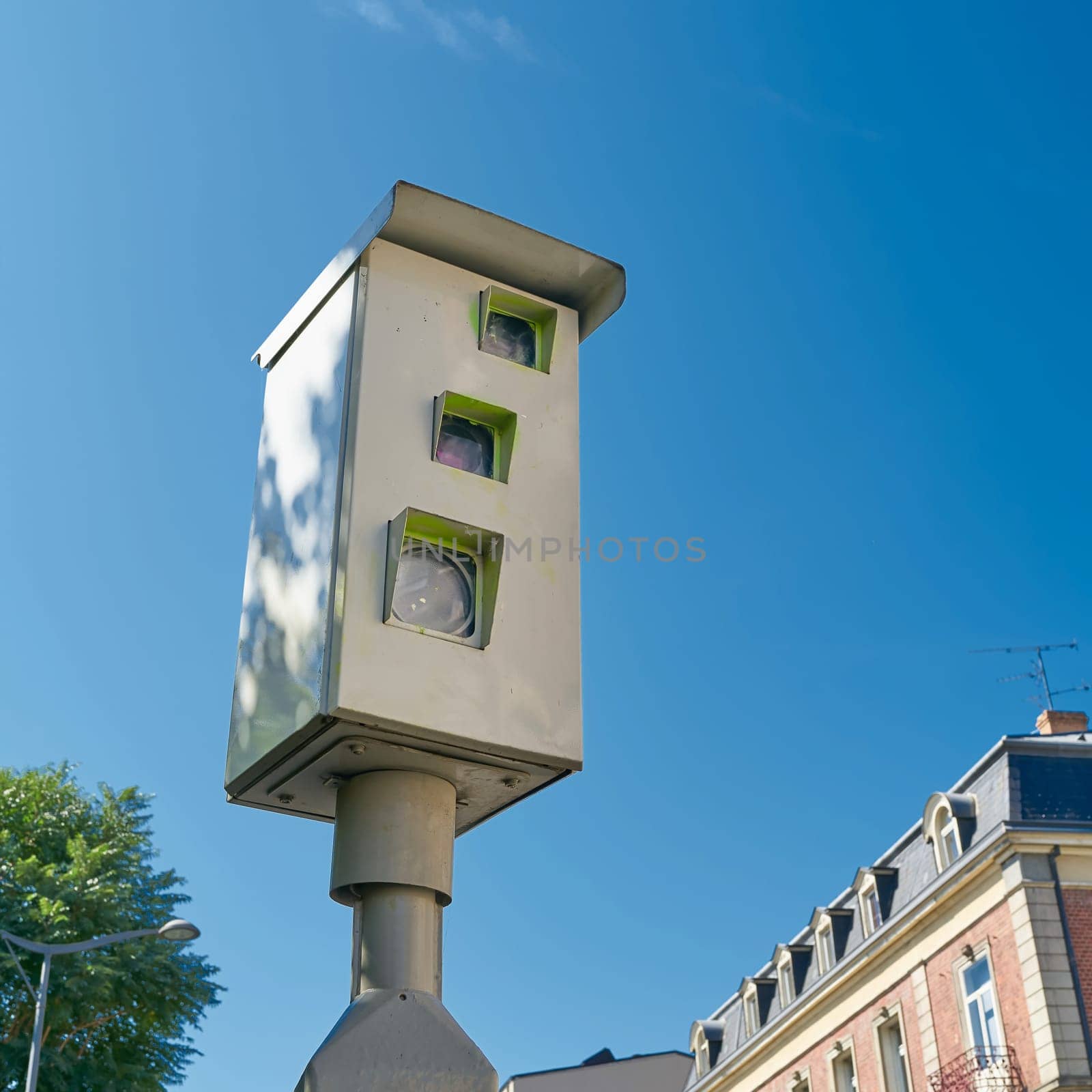 Speed control by a radar speed control camera in the city center of Colmar in France