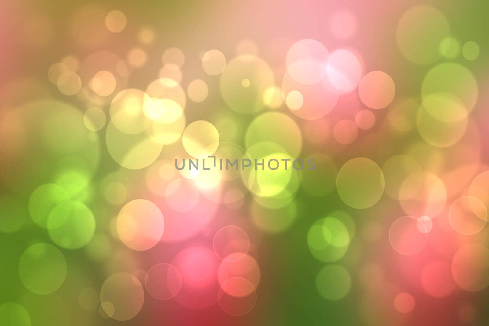A festive abstract gradient green red orange yellow background texture with glitter defocused sparkle bokeh circles. Card concept for Happy New Year, party invitation, valentine or other holidays.