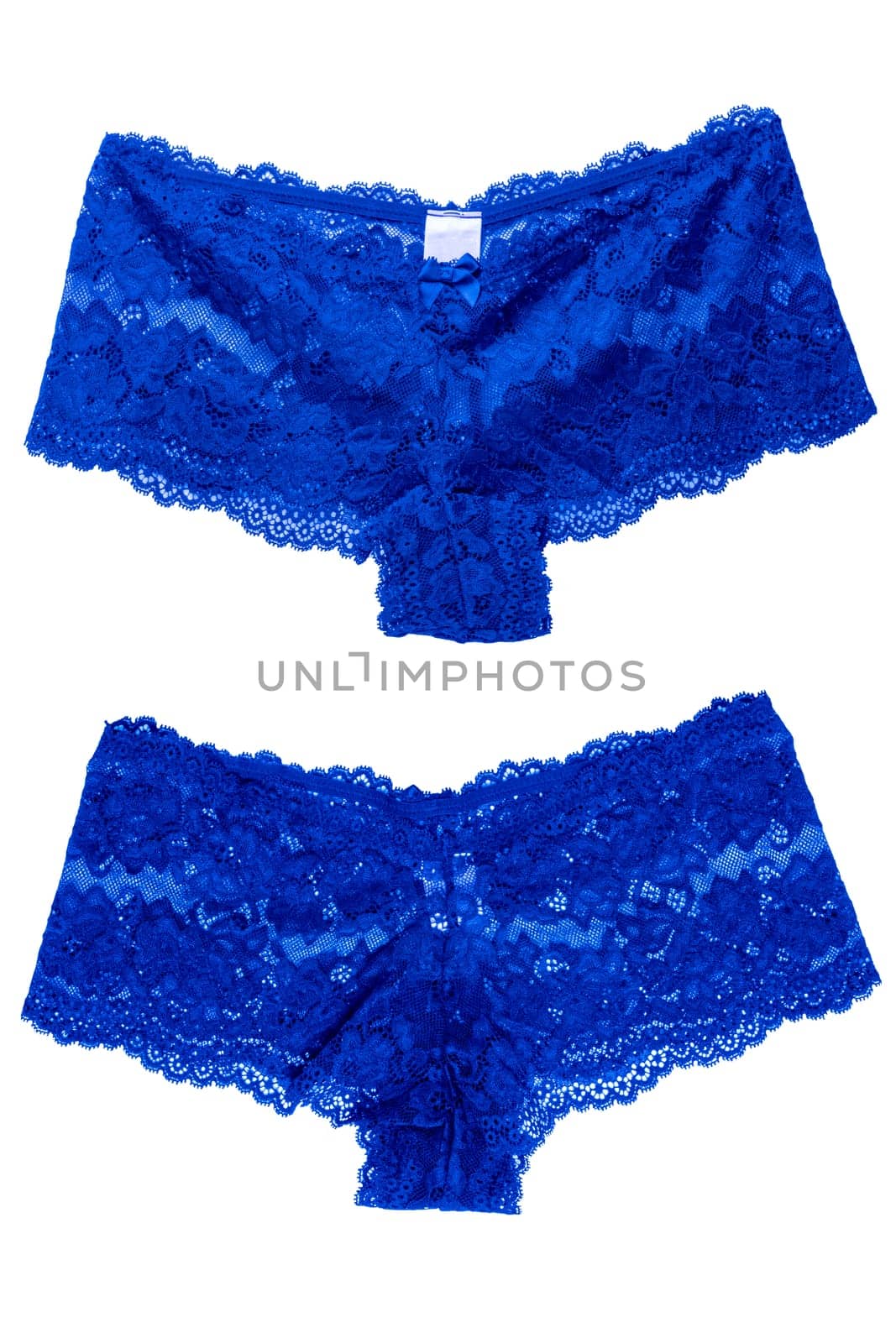 Underwear woman isolated. Collage set of a luxurious elegant blue lacy thongs panties in two views isolated. Erotic lace fashion. Women sexy lingerie. Nightwear.
