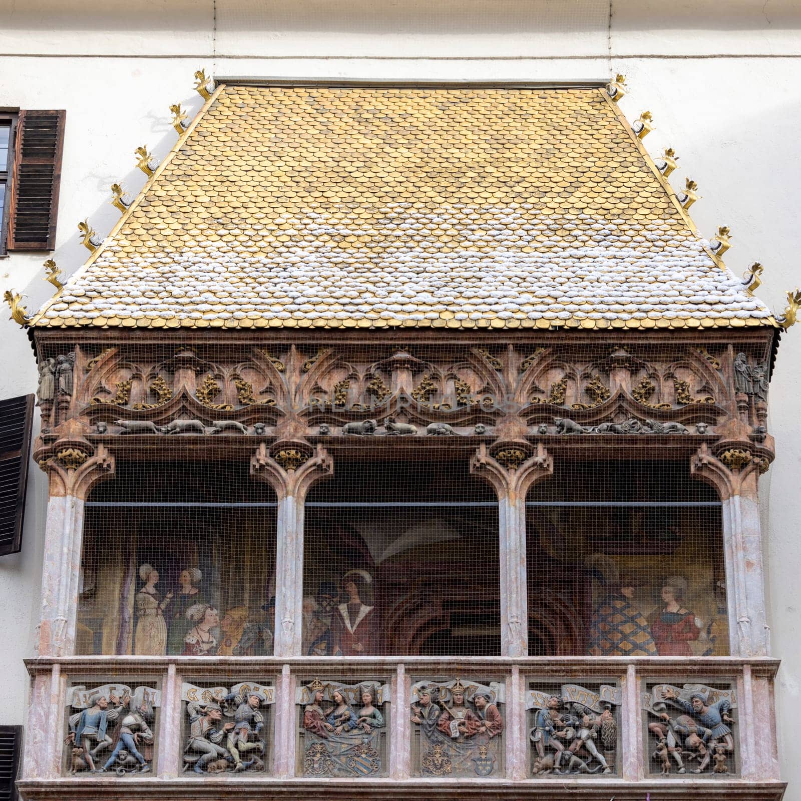 Innsbruck, Austria - February 26, 2023: Goldenes Dachl ( Golden Roof), decorative balcony on imperial building built in 1500 on Old Town