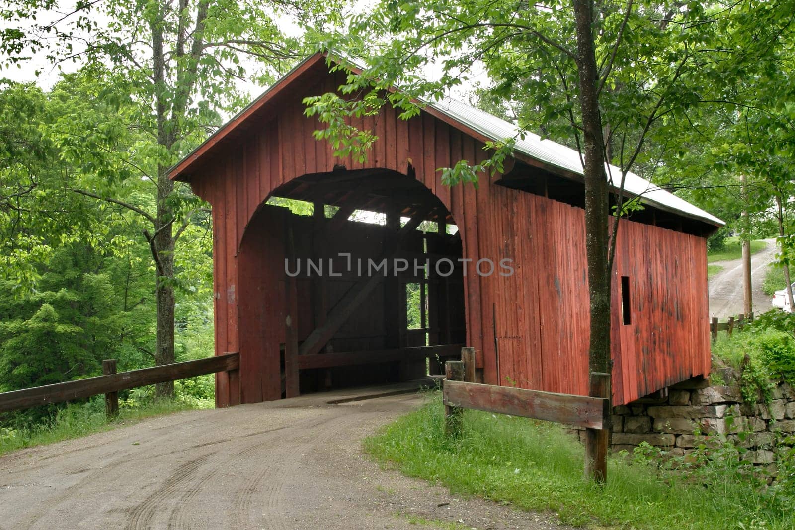 Slaughter House covered bridge in Northfield, VT. in Washington county, Central Vermont. 55 foot Queenpost Truss bridge built in 1872, crosses the Dog River.  Located south of northfield falls just off Rt. 12.