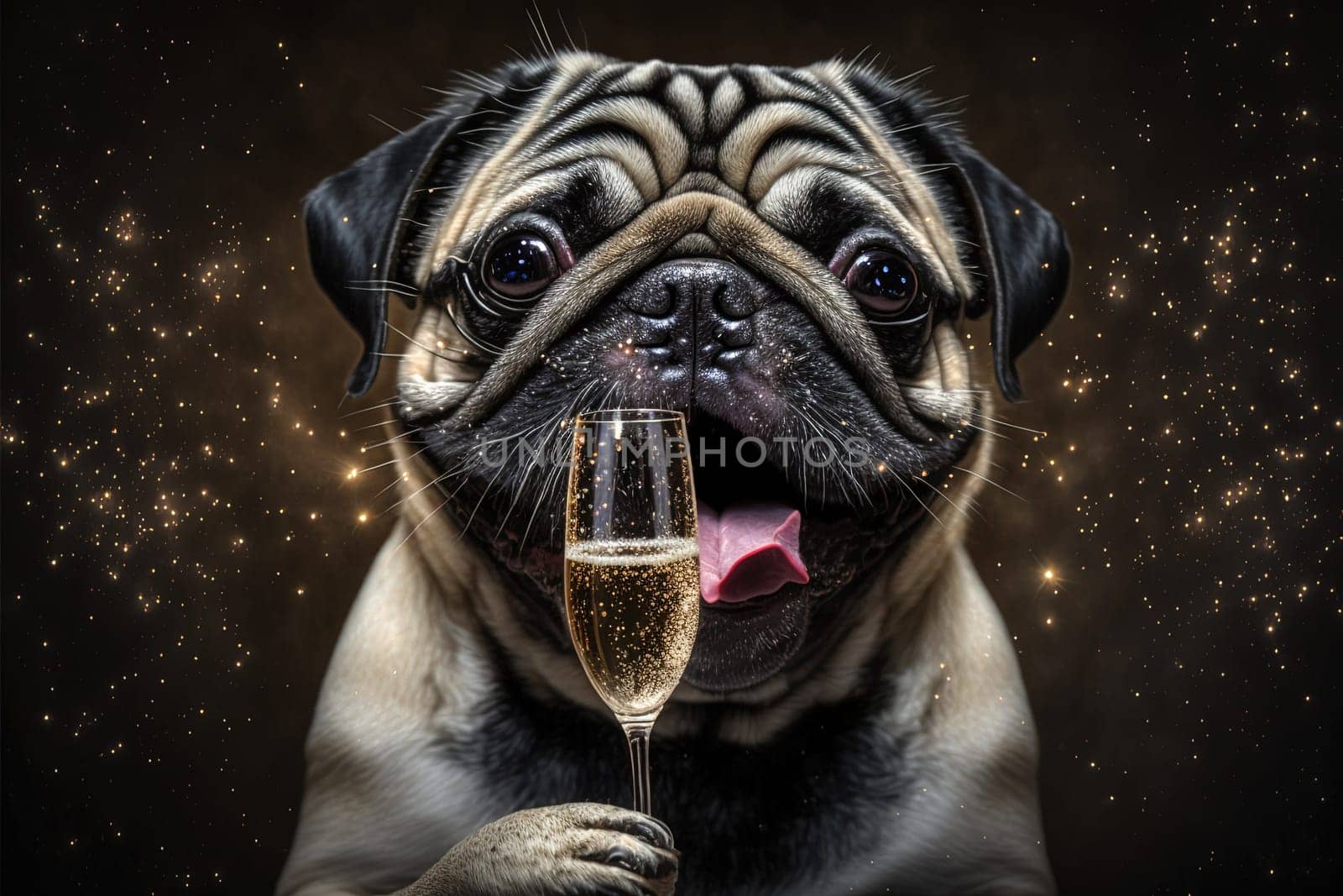 Pug dog and glass of champagne created with Generative AI technology.