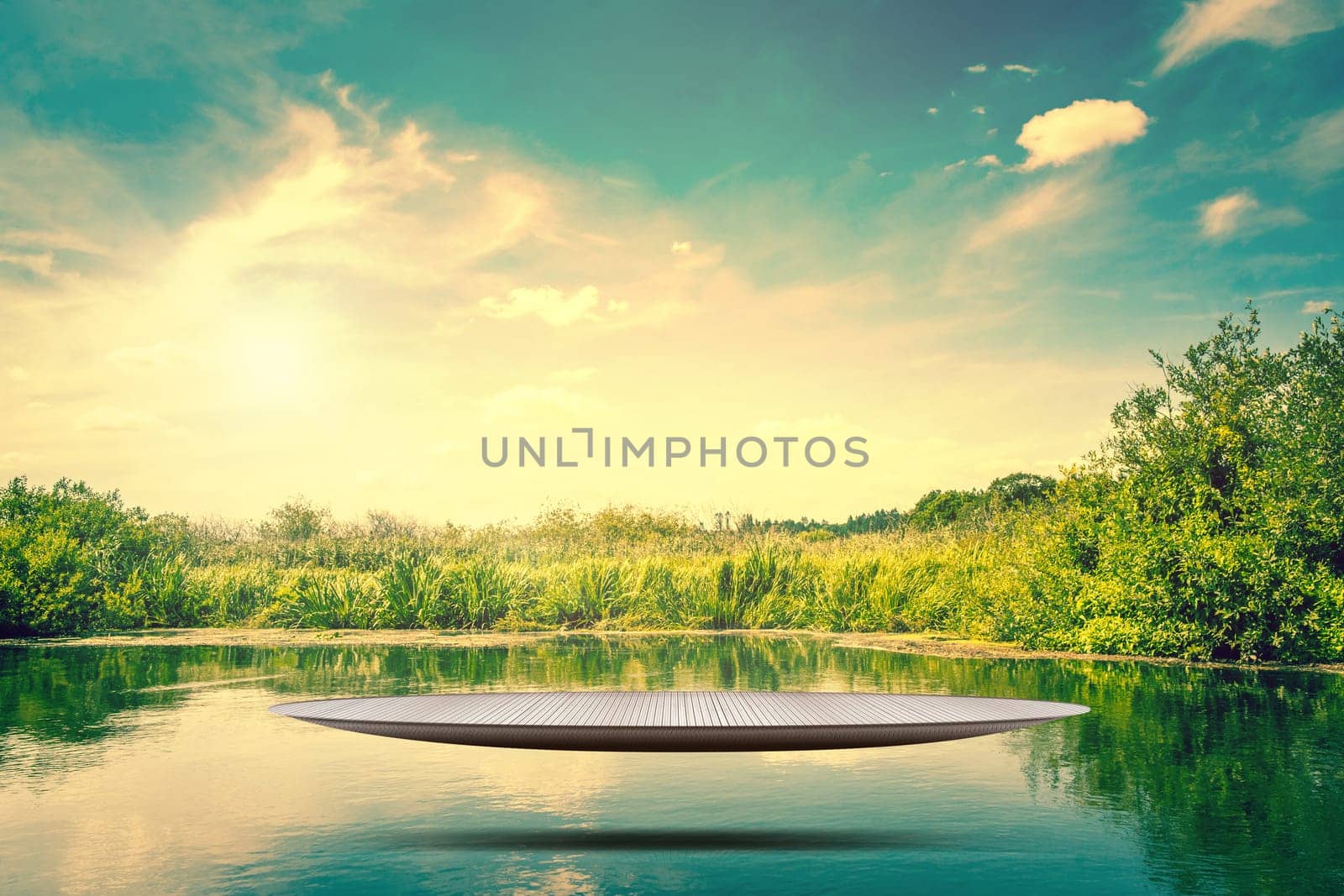 Futuristic metal stage hovering over a idyllic lake