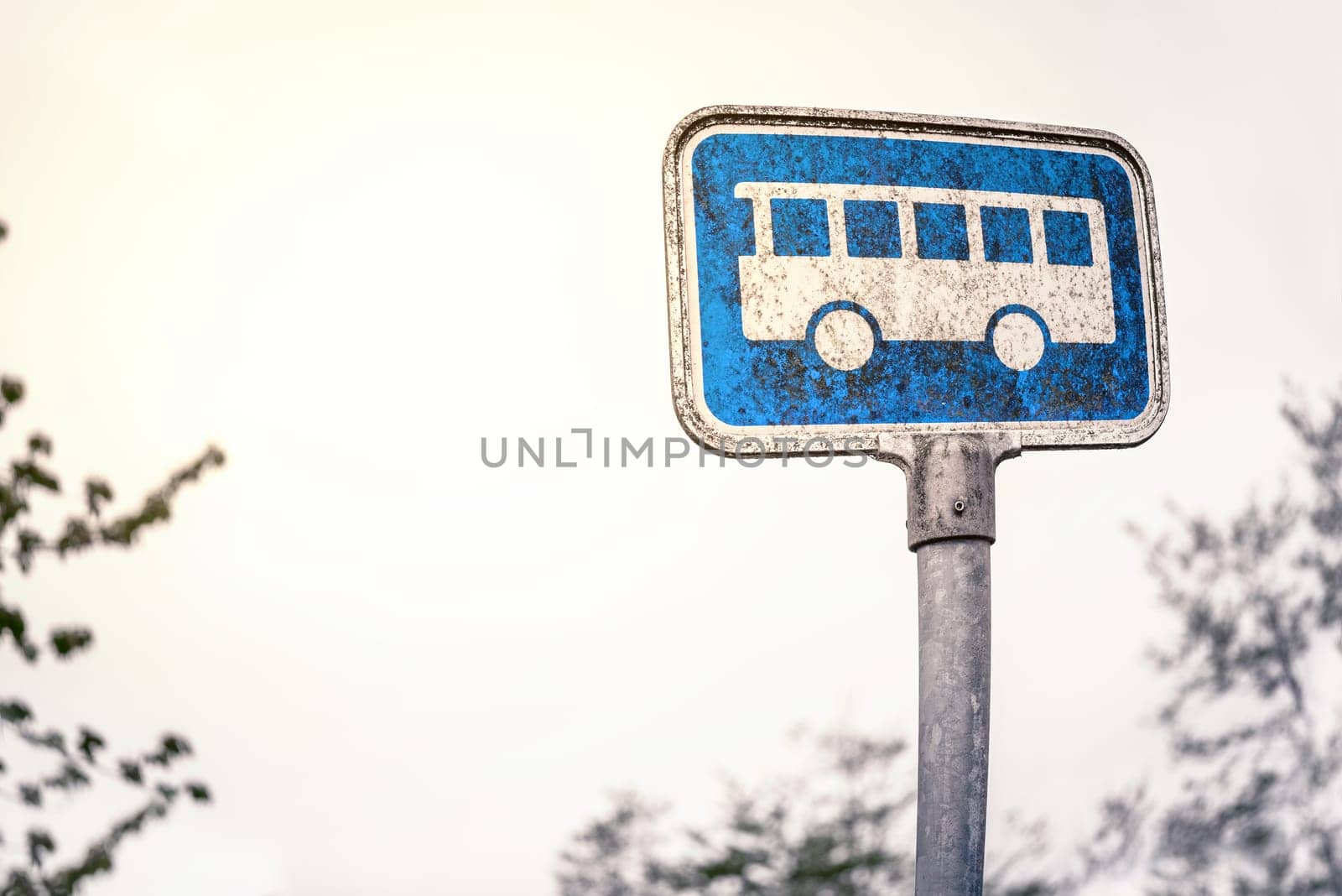 Retro bus stop sign in blue color