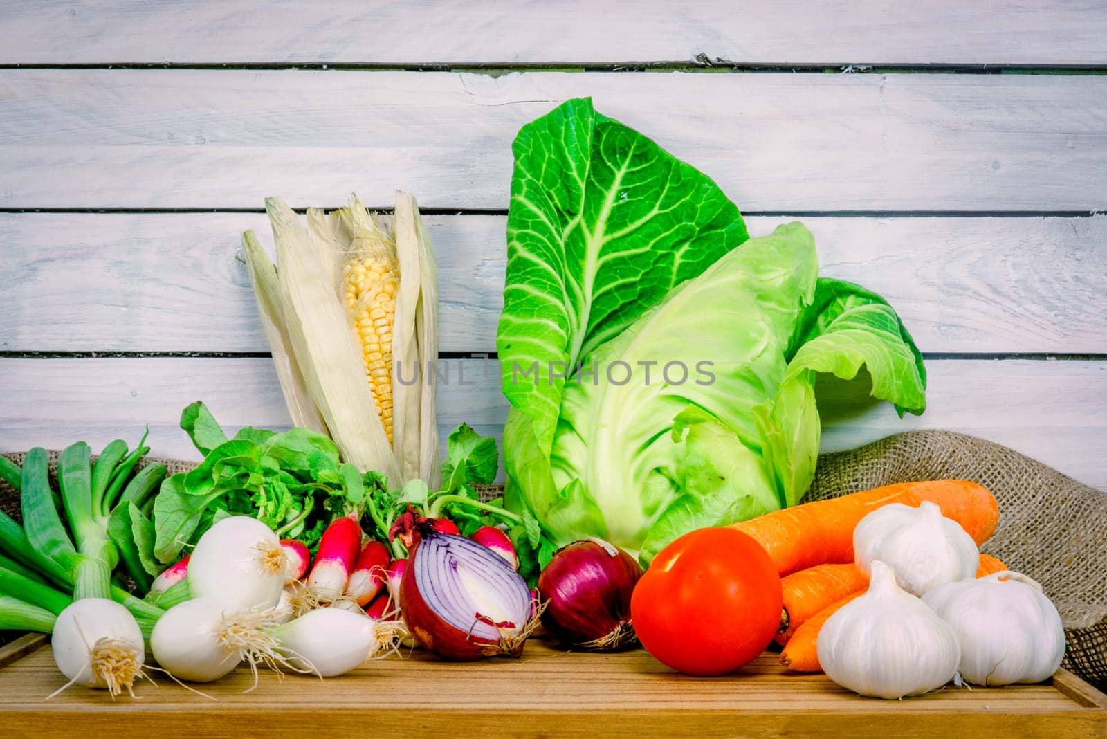 Mix of vegetables on a wooden table