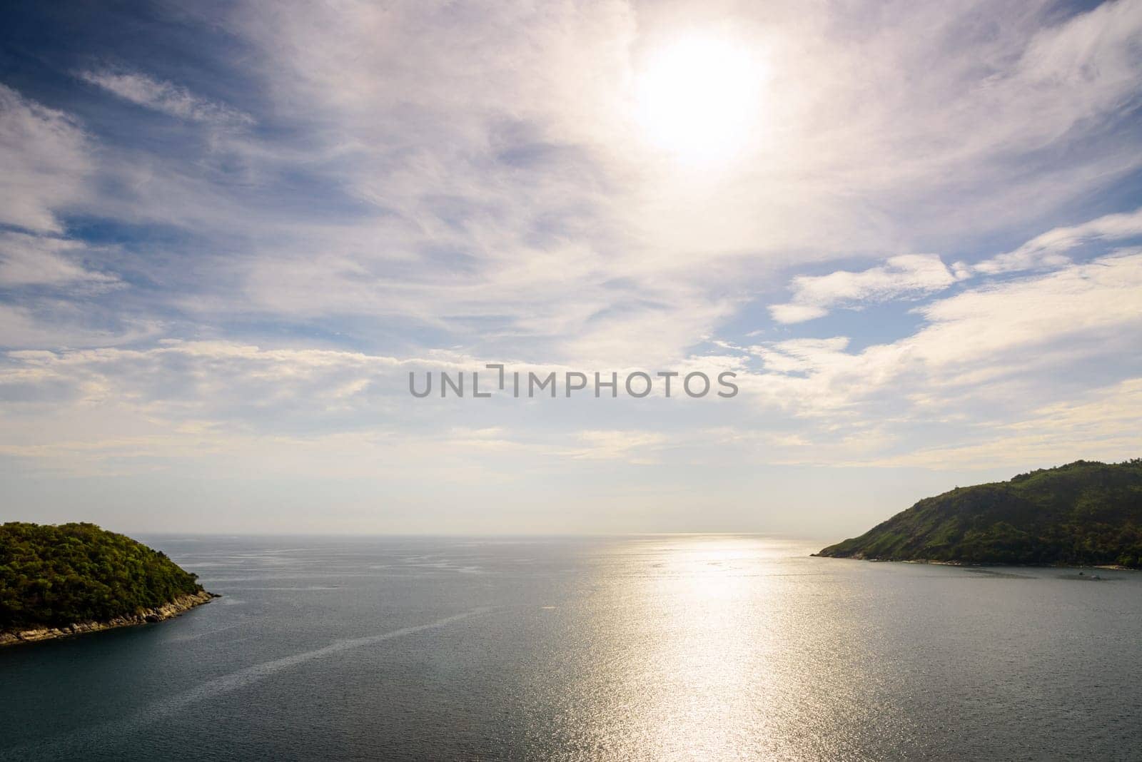 High angle view beautiful landscape of the island and Andaman sea from Windmill viewpoint is a famous attractions of Phuket Province in Thailand