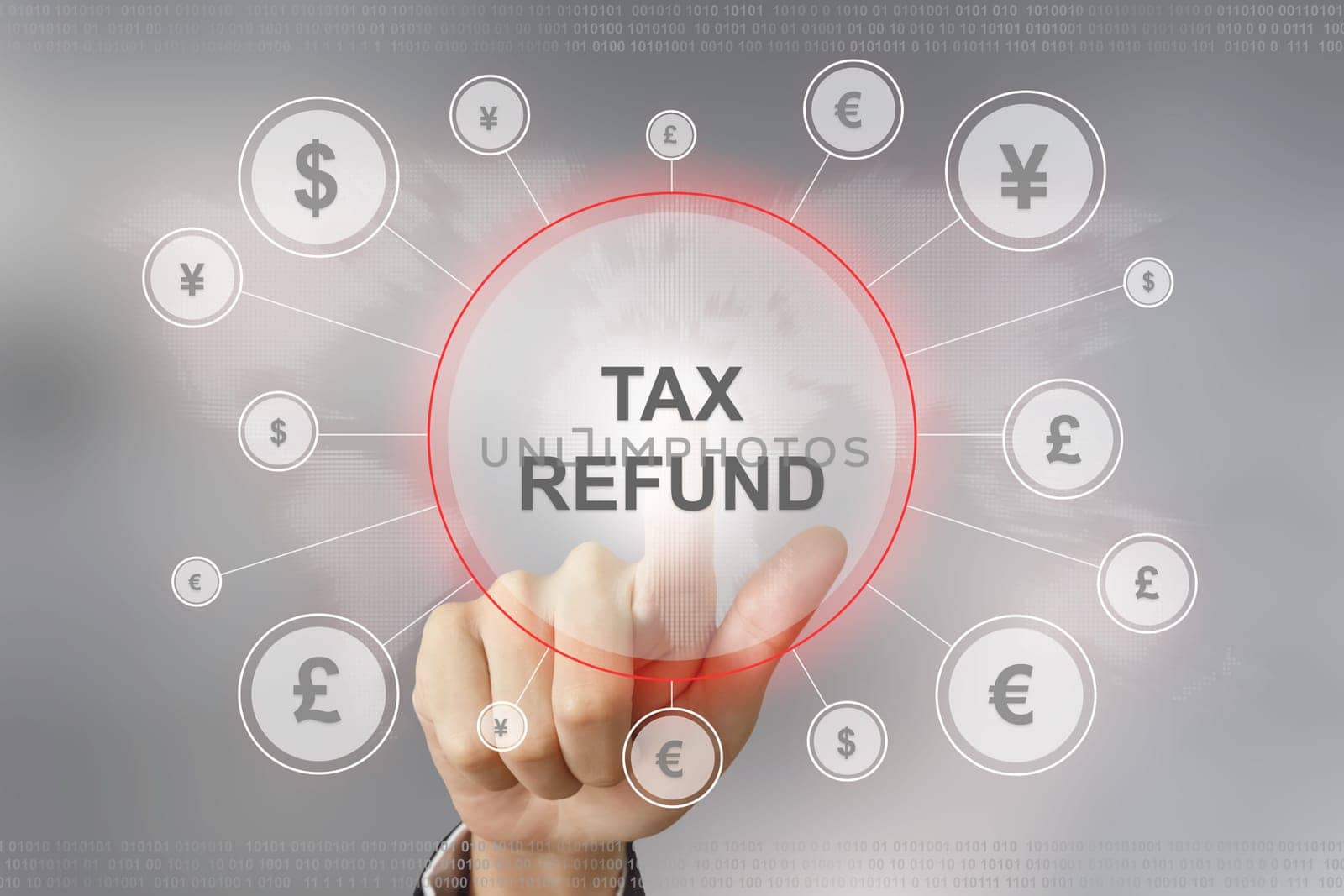 hand pushing tax refund button with global networking concept