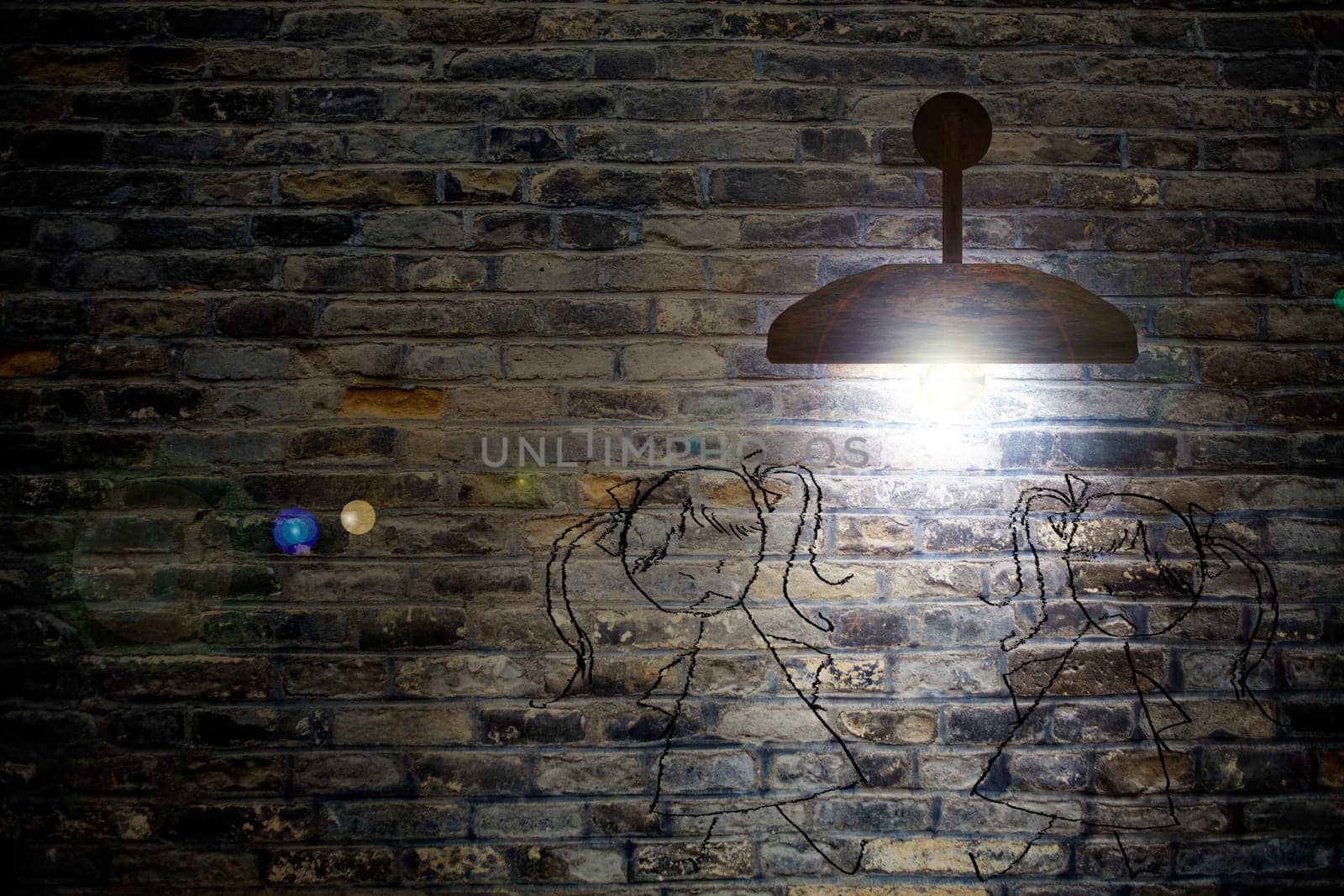 Old interior room with brick wall and three light spots for adv or others purpose use