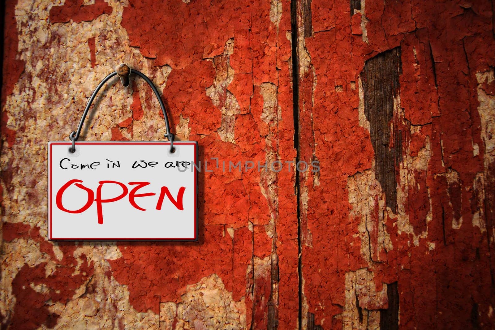 come in we are open hanging sign isolated on wall for adv or others purpose use
