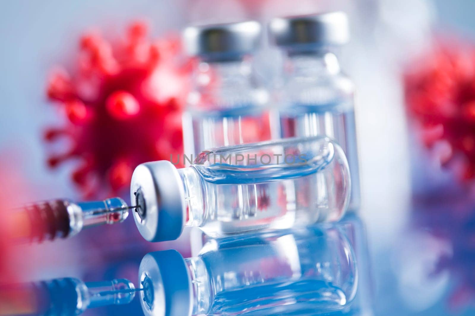 Bottles coronavirus vaccine, pandemic background