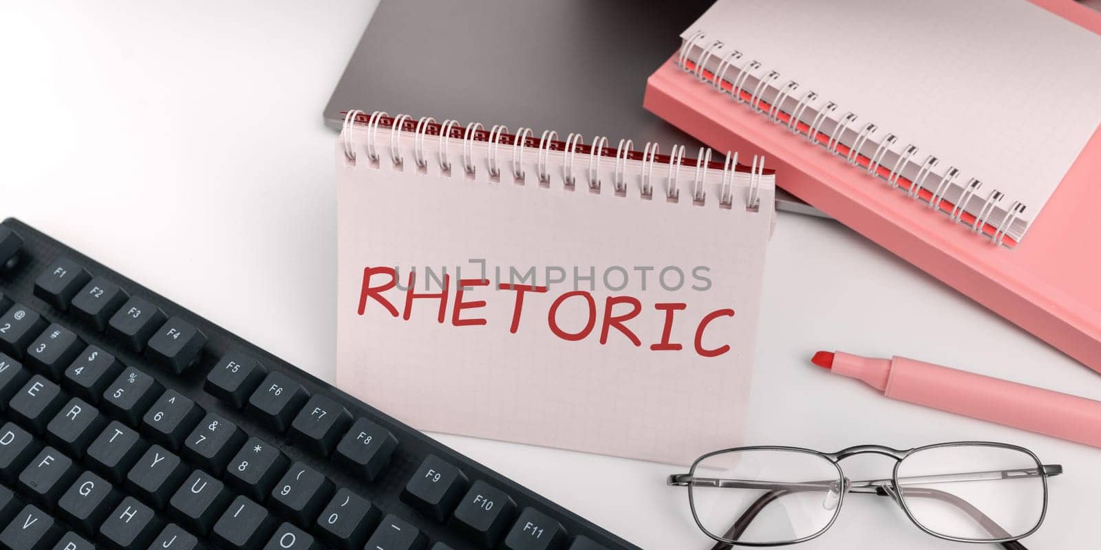 Conceptual caption Rhetoric, Conceptual photo study of writing or speaking as mean of communication or persuasion