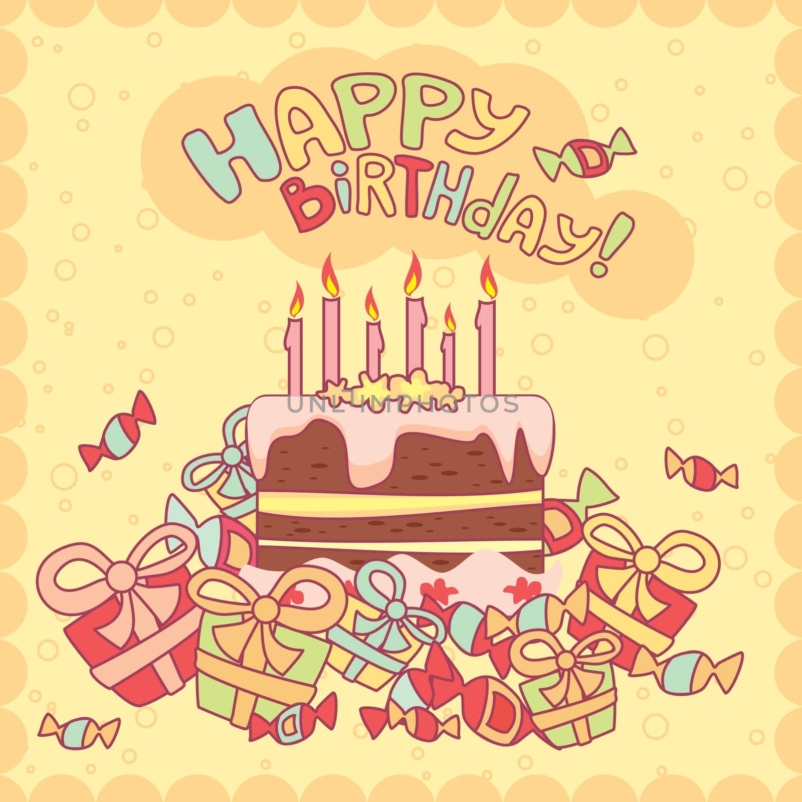 happy birthday card with cake, candles and gifts