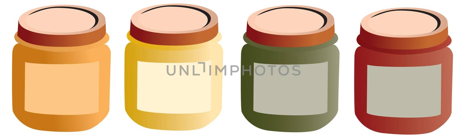 Baby pots, food. Mashed food for baby with label, vectorized