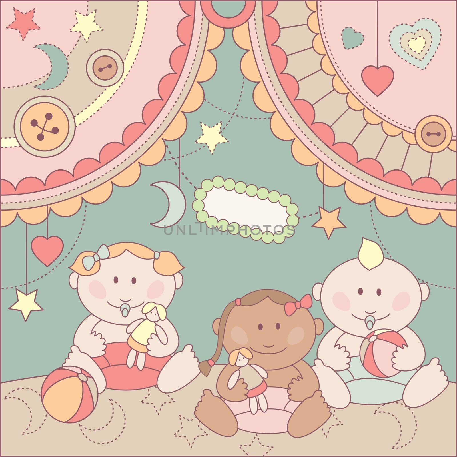 vector cute arrival card with girls and boy