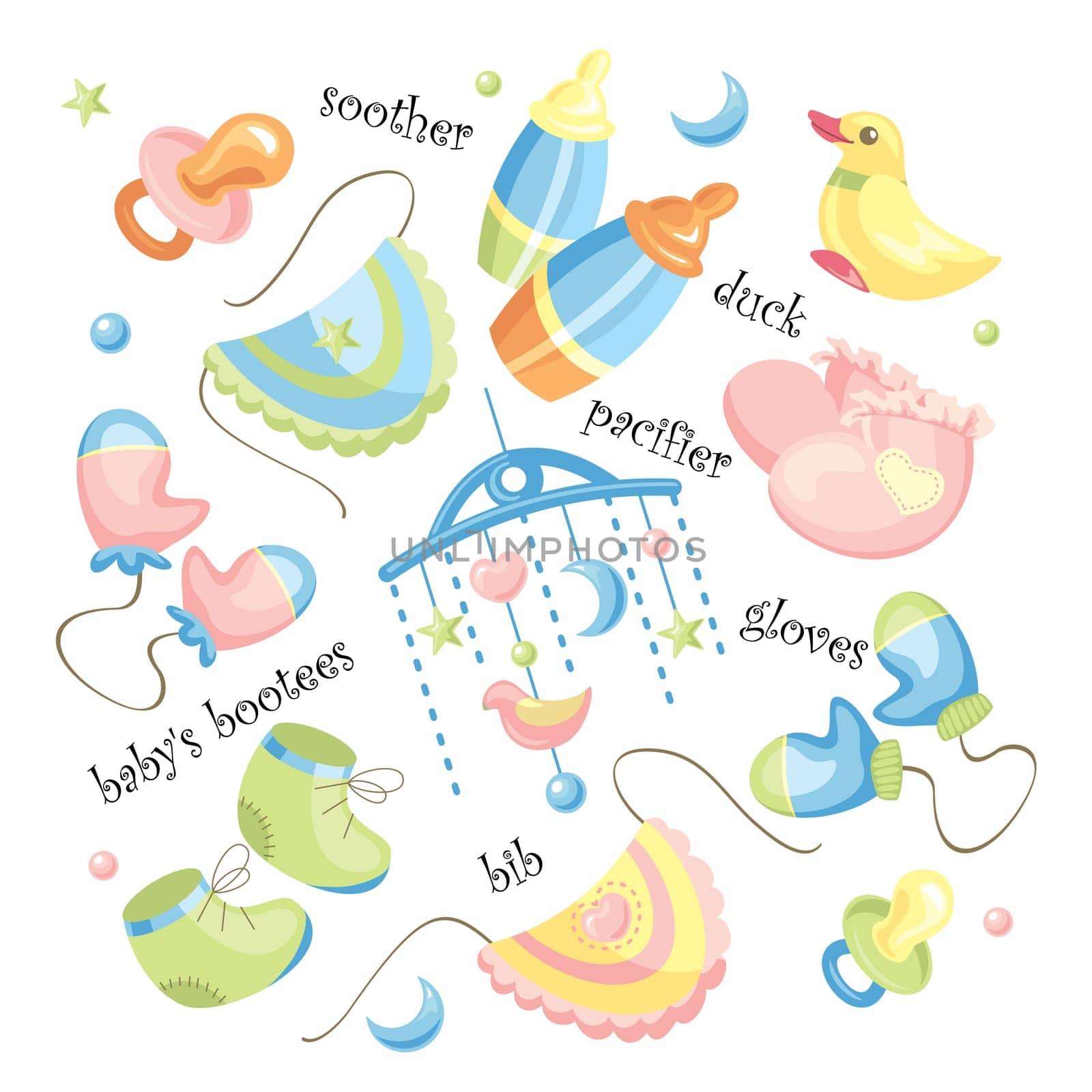 vector set of baby clothing and accessories