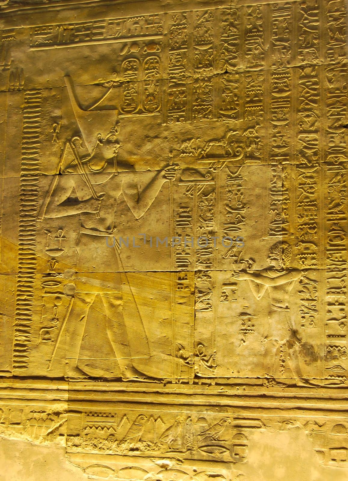 Reliefs of Egyptian hieroglyphs in the interior wall of Edfu temple, Egypt