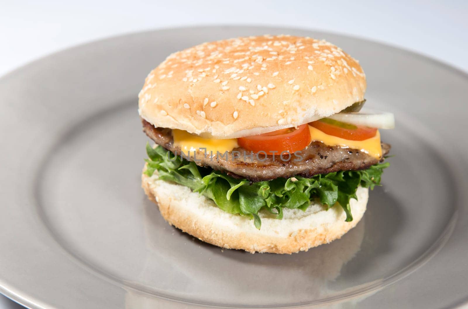 Hamburger on Plate with white background.