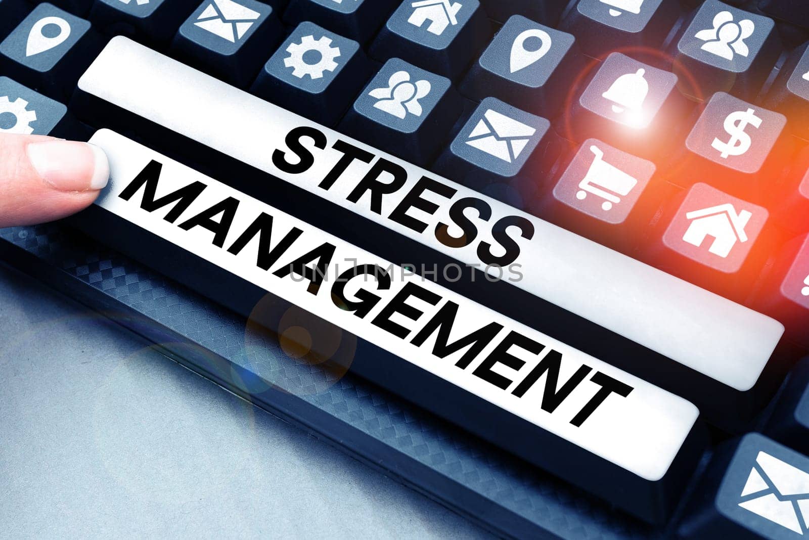 Text caption presenting Stress Management, Business showcase learning ways of behaving and thinking that reduce stress