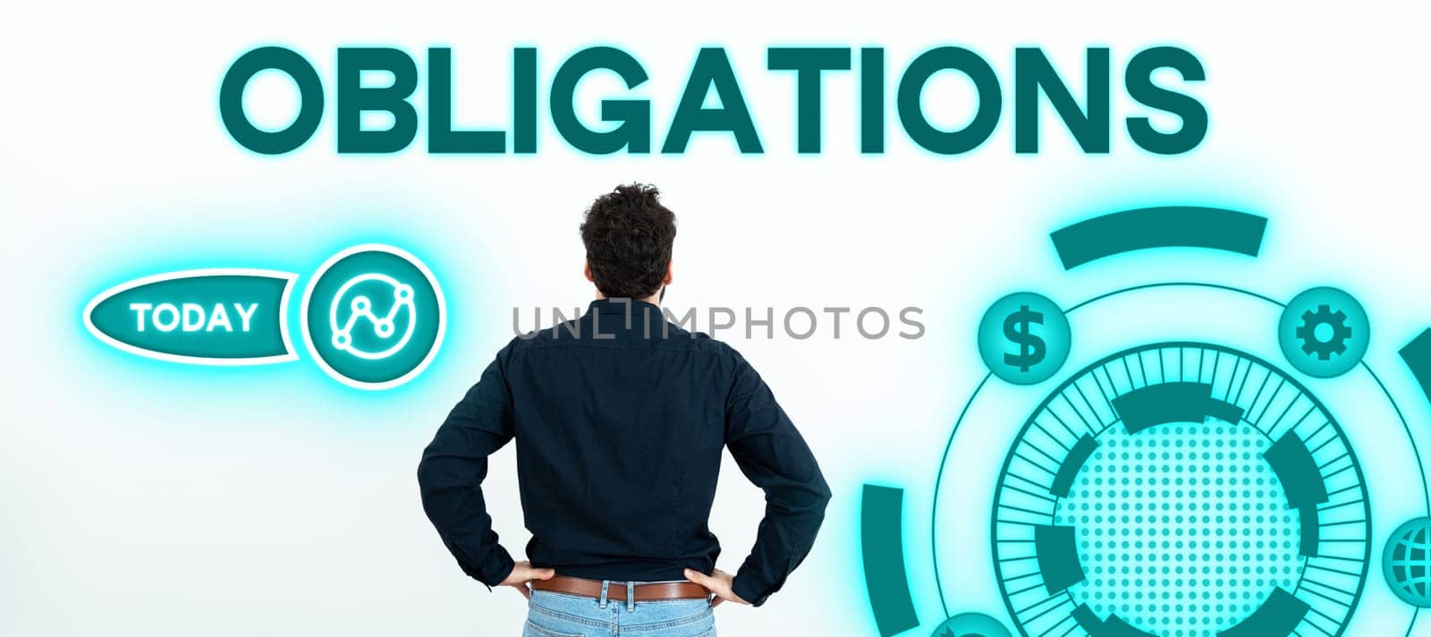 Text caption presenting Obligations, Internet Concept Condition of being morally or legally bound to do something Debt