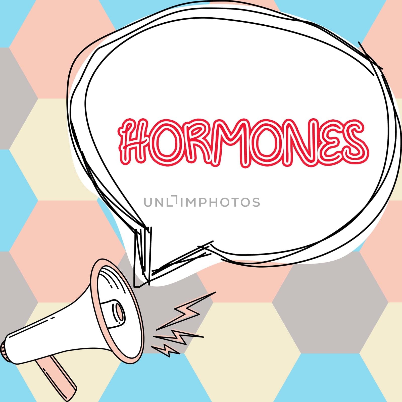 Text caption presenting Hormones, Word Written on regulatory substance produced in organism transported tissue fluids