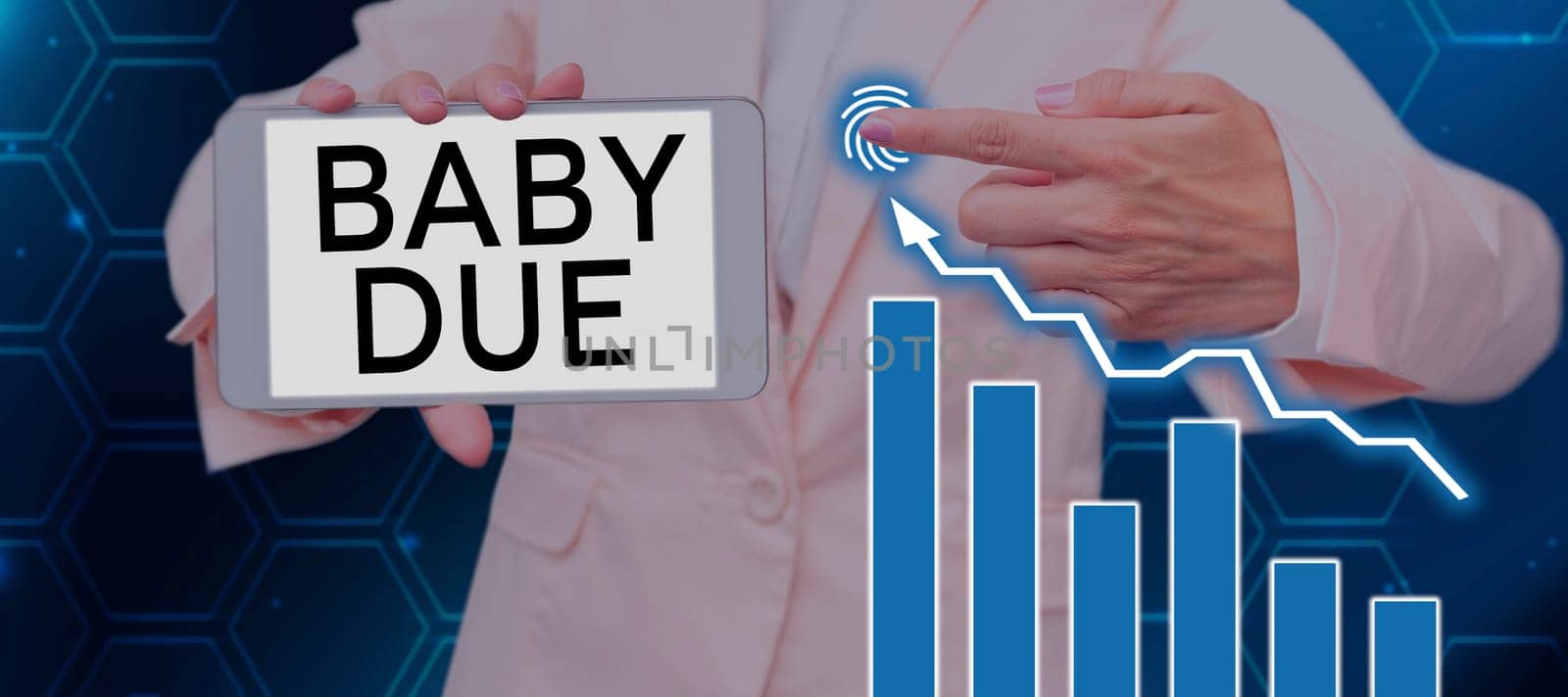 Sign displaying Baby Due, Word Written on about to born Under engagement as to time Expected to be ready