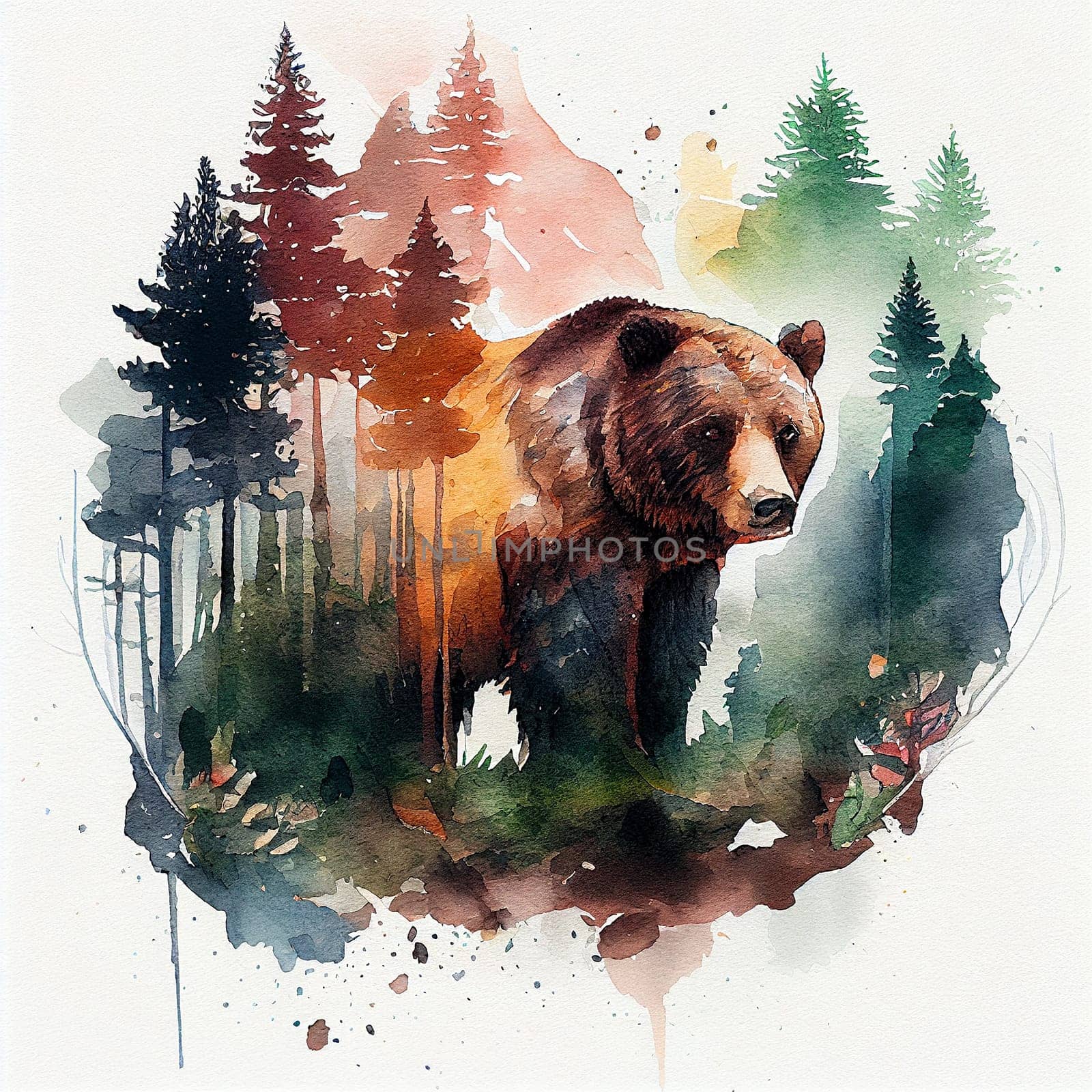 Brown bear in the forest, watercolor drawing, wildlife in the woodland, generative AI
