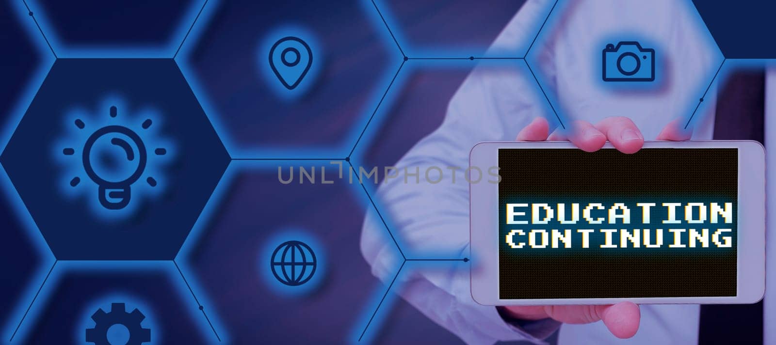 Text caption presenting Education Continuing, Business approach acquisition of knowledge and skills thru training