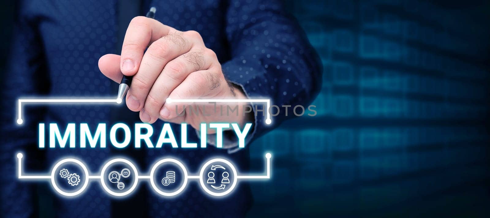 Handwriting text Immorality, Business concept the state or quality of being immoral, wickedness