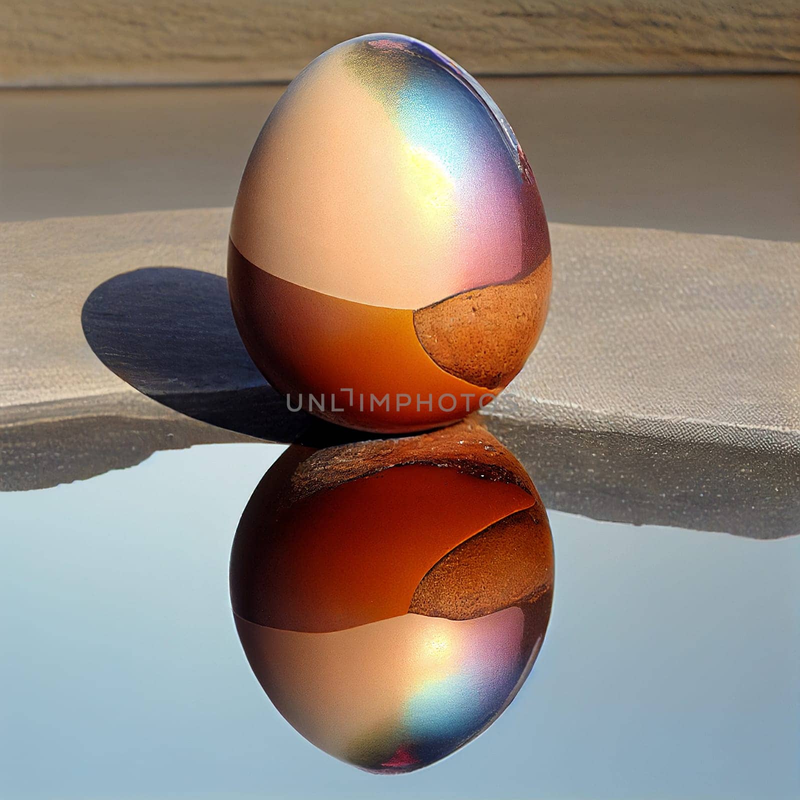 Colorful easter egg reflection in the mirror, sweet food, spring holiday greeting card, generative AI