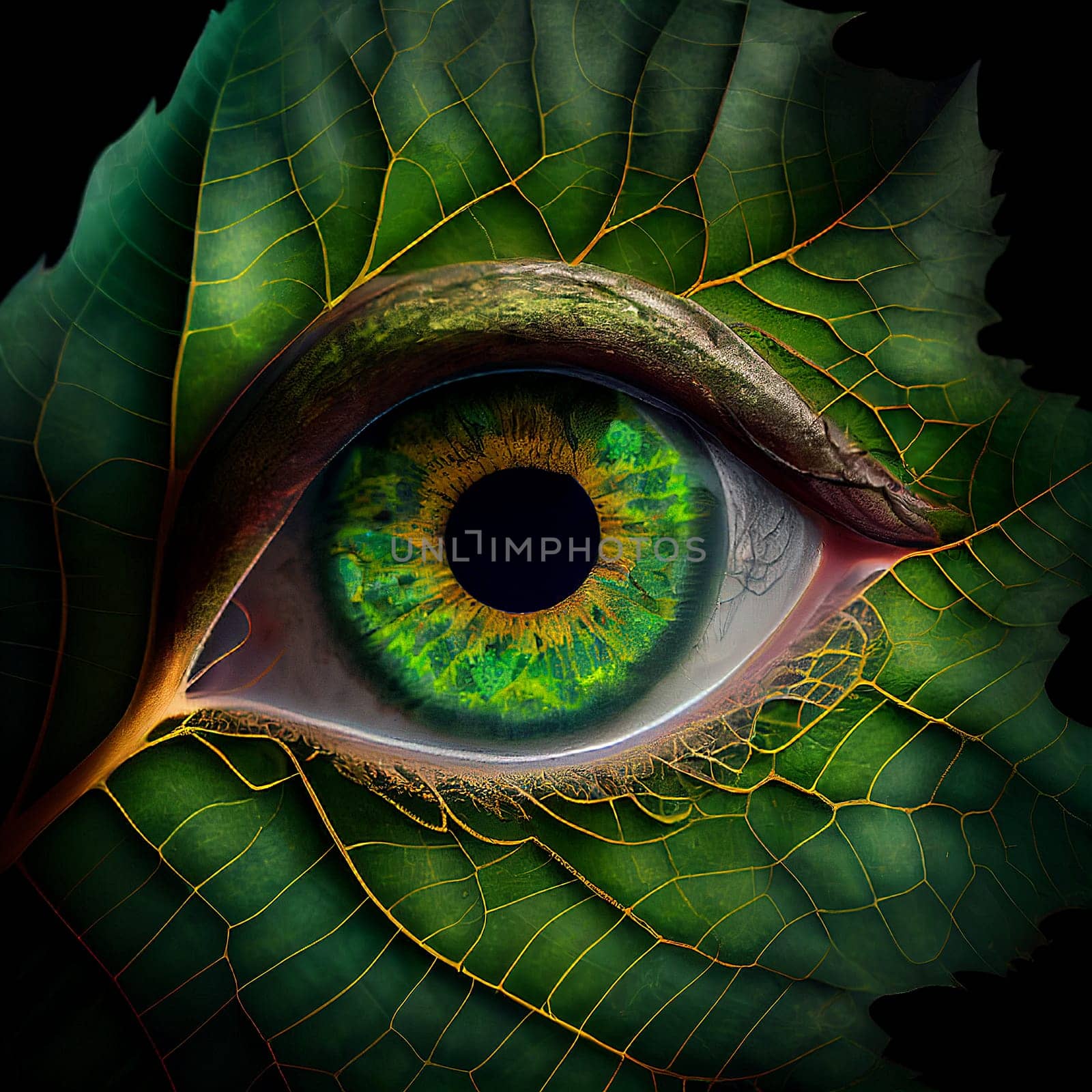 Huge eye in a green leaf, close up of the pupil and eyeball, surreal macro, connect to nature, generative AI