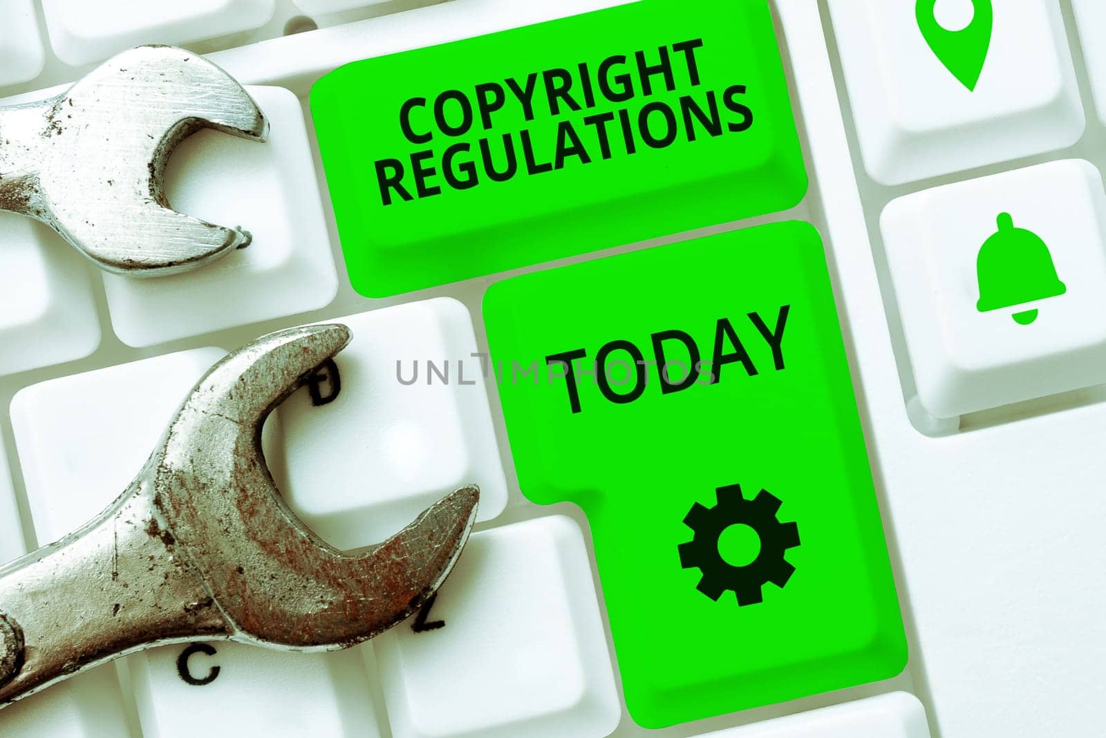 Handwriting text Copyright Regulations, Word Written on body of law that governs the original works of authorship