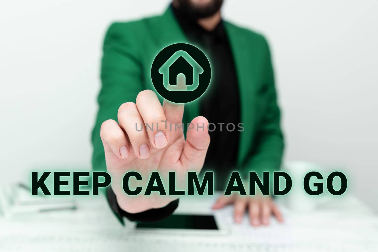 Hand writing sign Keep Calm And Go, Word Written on Be relaxed and continue working Motivation inspiration