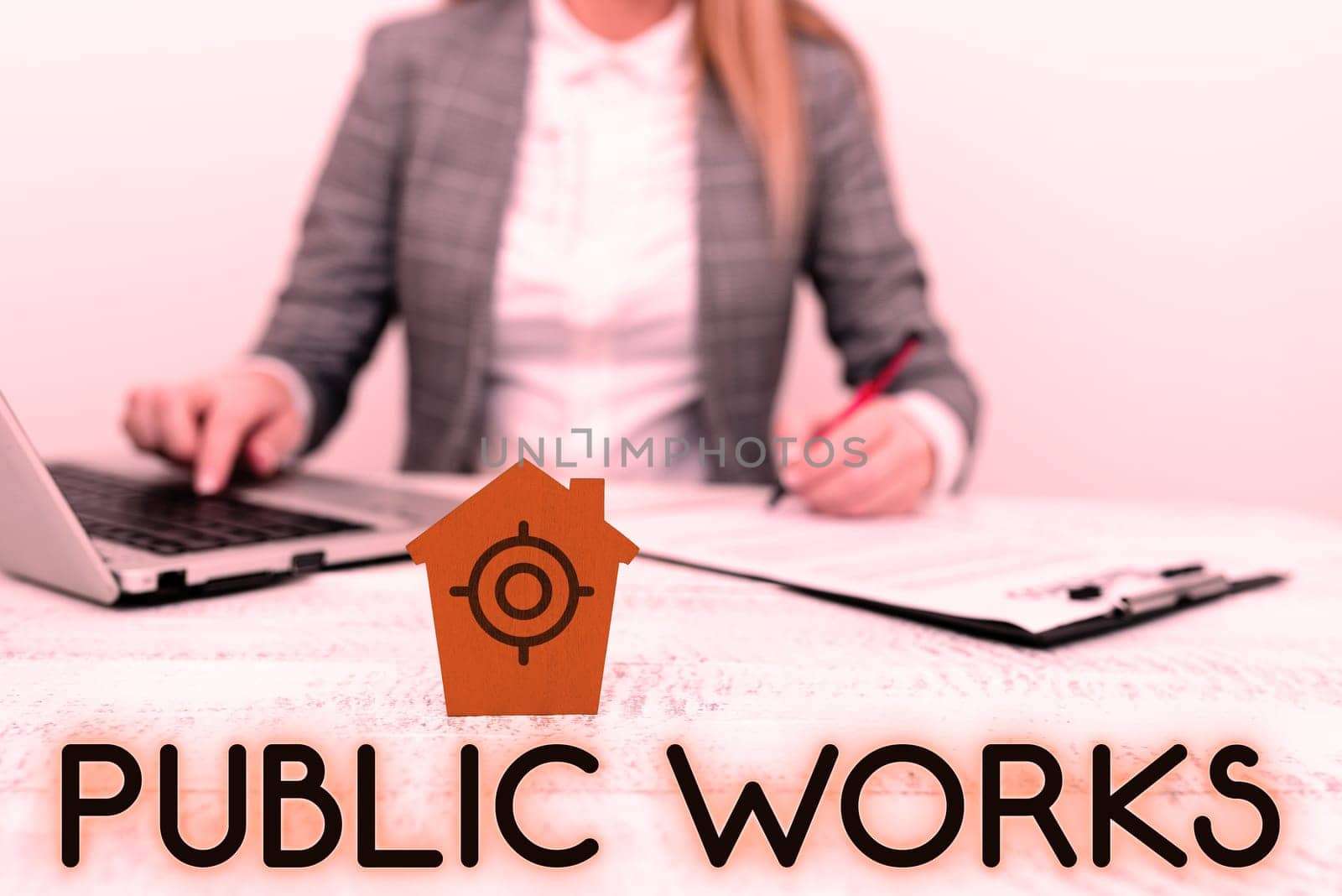 Sign displaying Public Works, Business idea Describes the viewing of an event in a public crowd