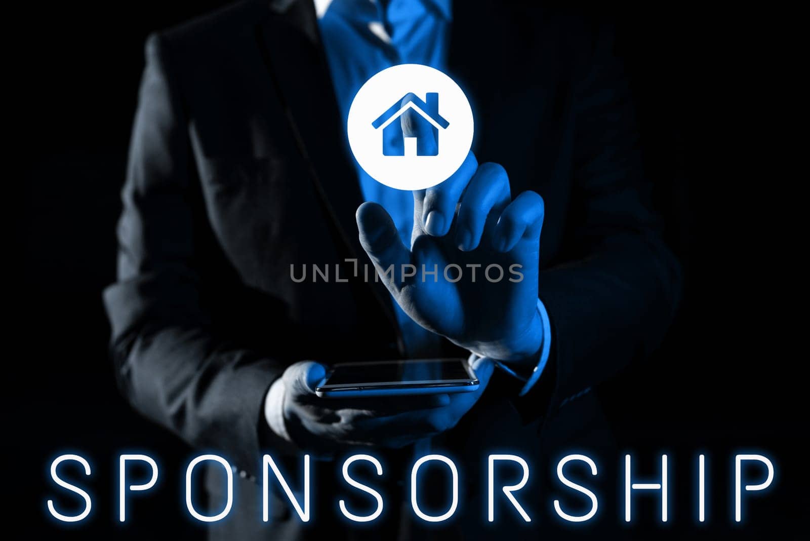 Text caption presenting Sponsorship, Word for Position of being a sponsor Give financial support for activity