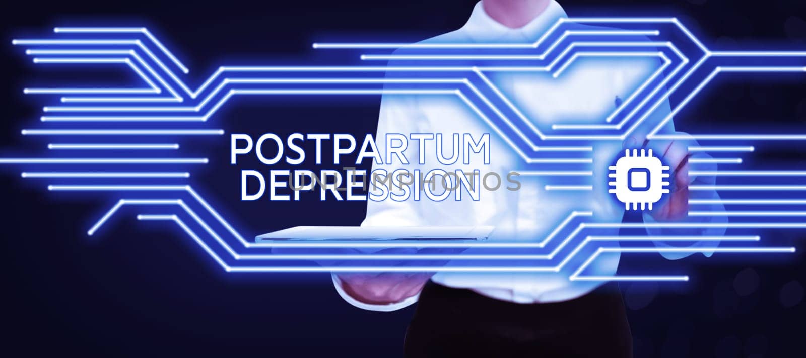 Text caption presenting Postpartum Depression, Business overview a mood disorder involving intense depression after giving birth