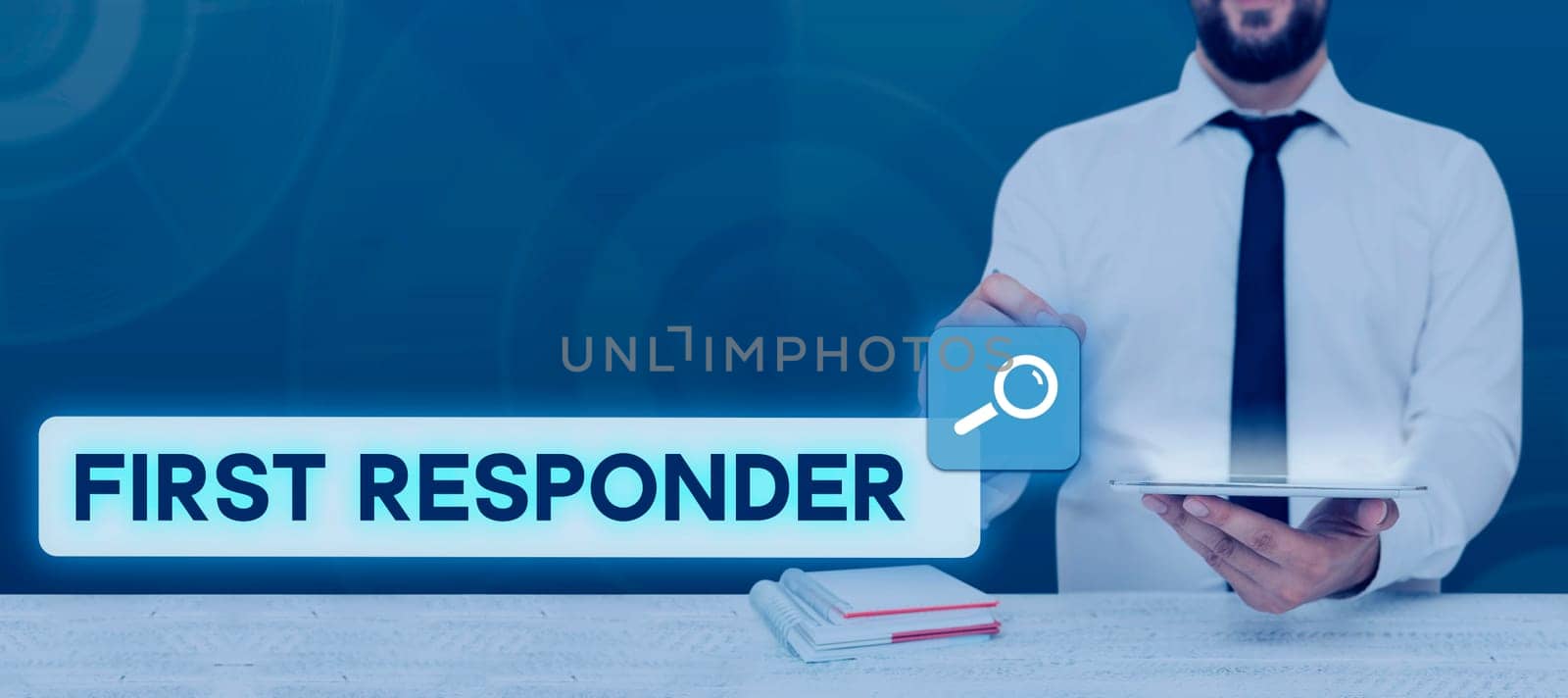 Sign displaying First Responder, Business showcase a person who is responsible for going immediately to the accident