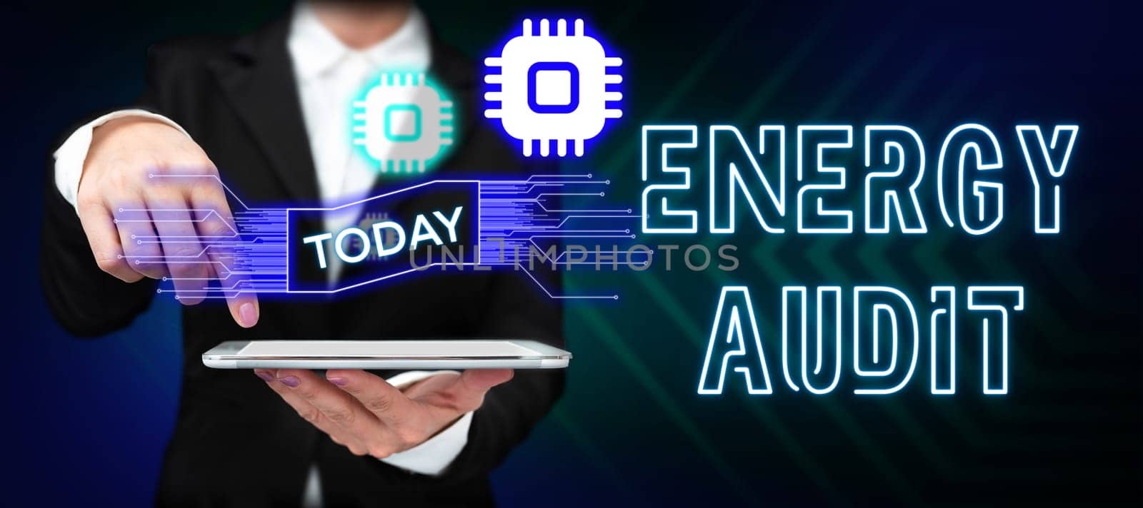 Hand writing sign Energy Audit, Business concept assessment of the energy needs and efficiency of a building