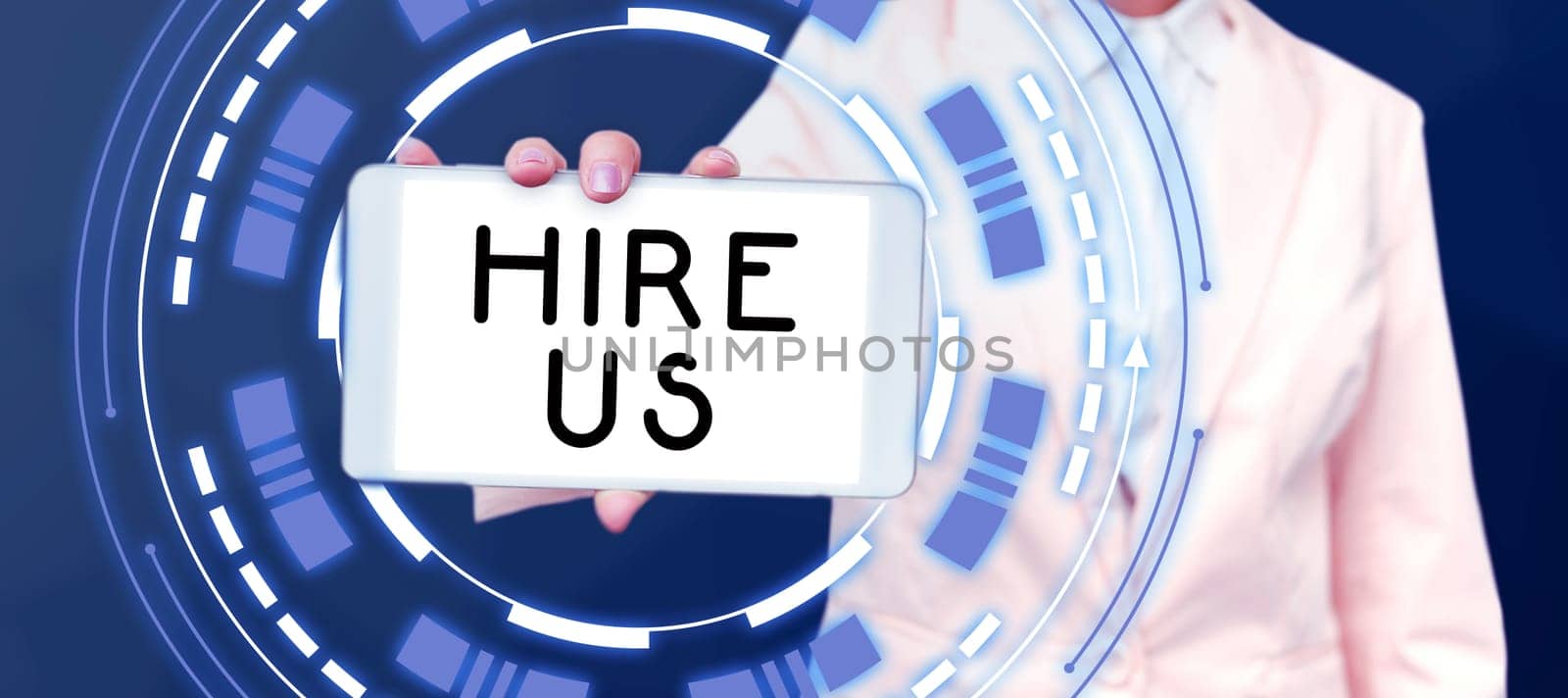 Text sign showing Hire Us, Conceptual photo Used by human resources indicate employee that he is got job