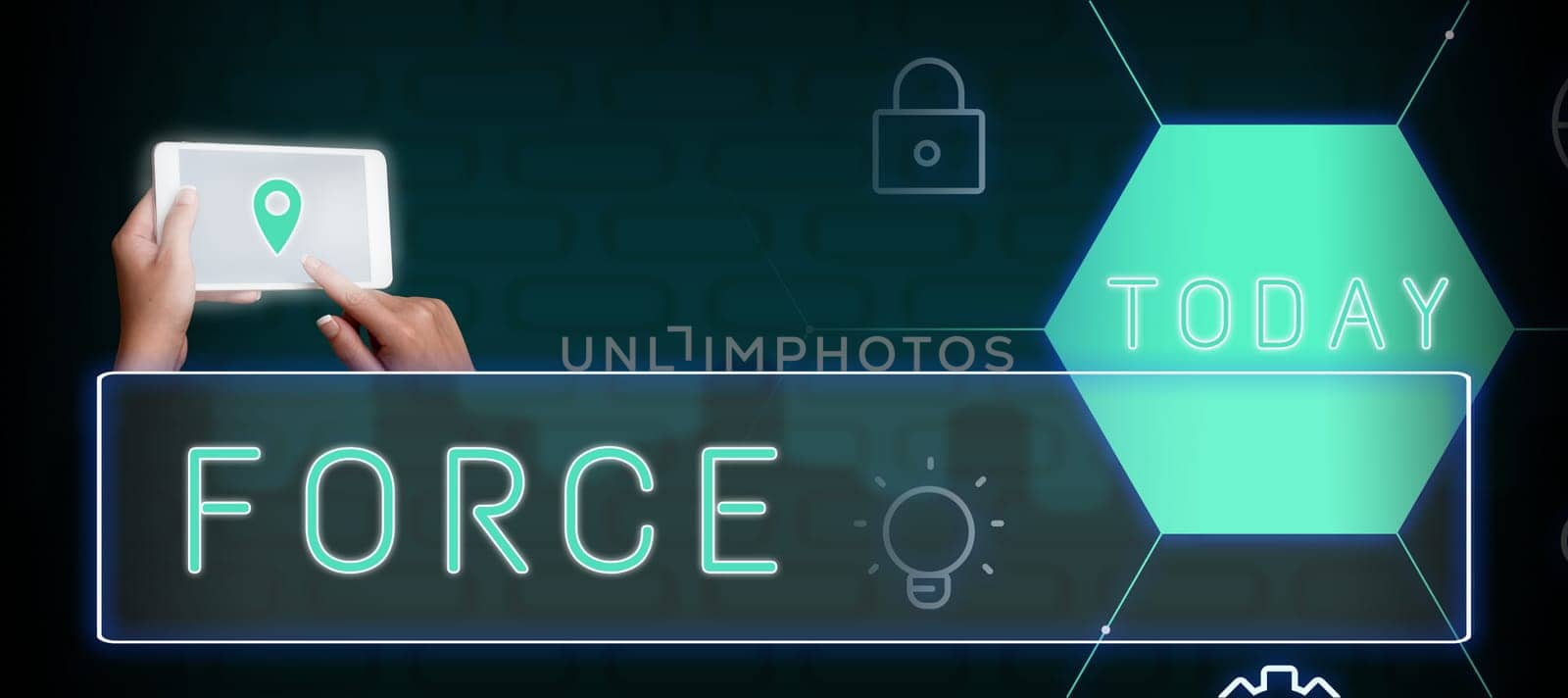 Conceptual display Force, Business showcase strength or energy as an attribute of physical action or movement