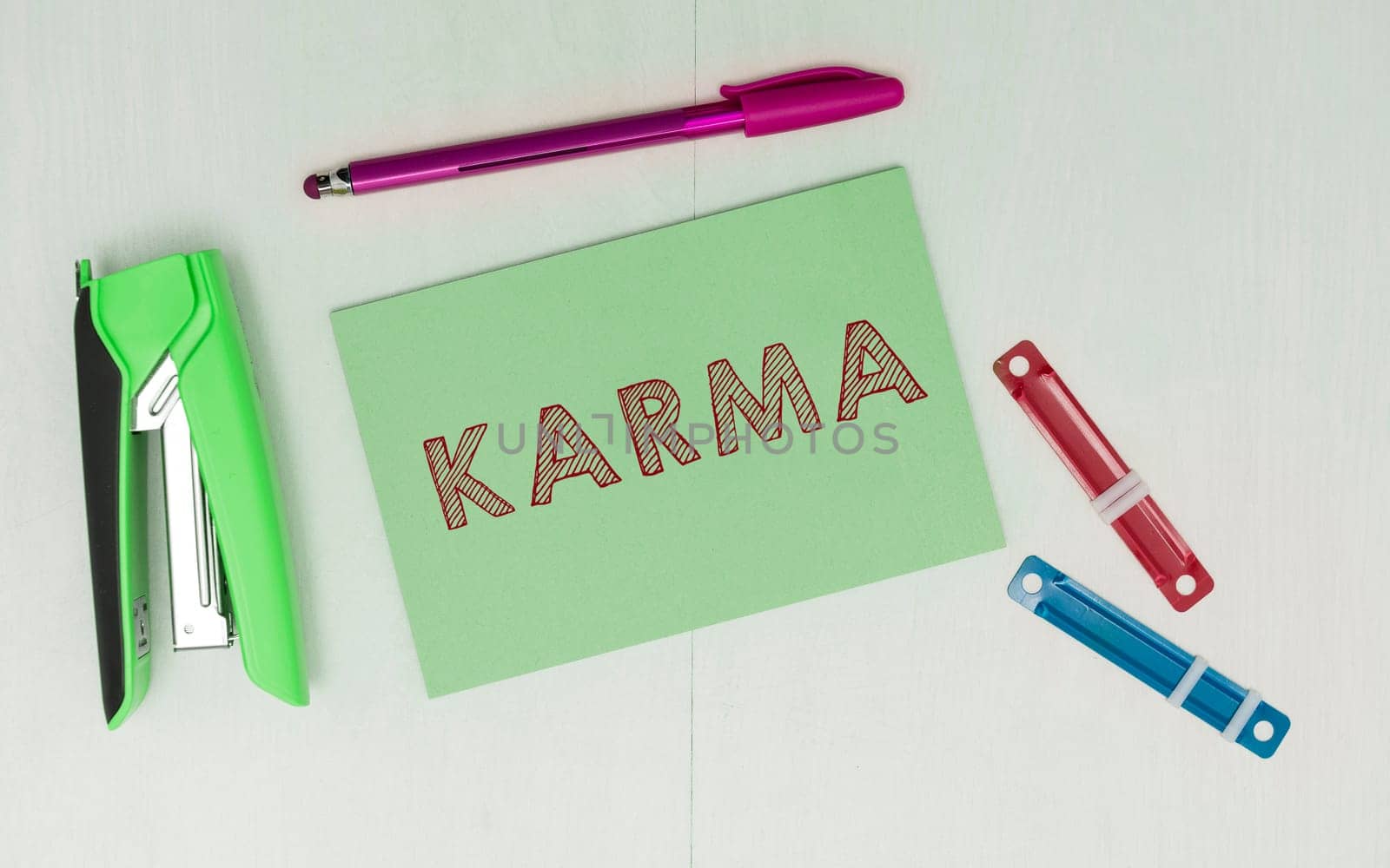 Hand writing sign Karma, Business approach sum of a person actions in this and previous states of existence