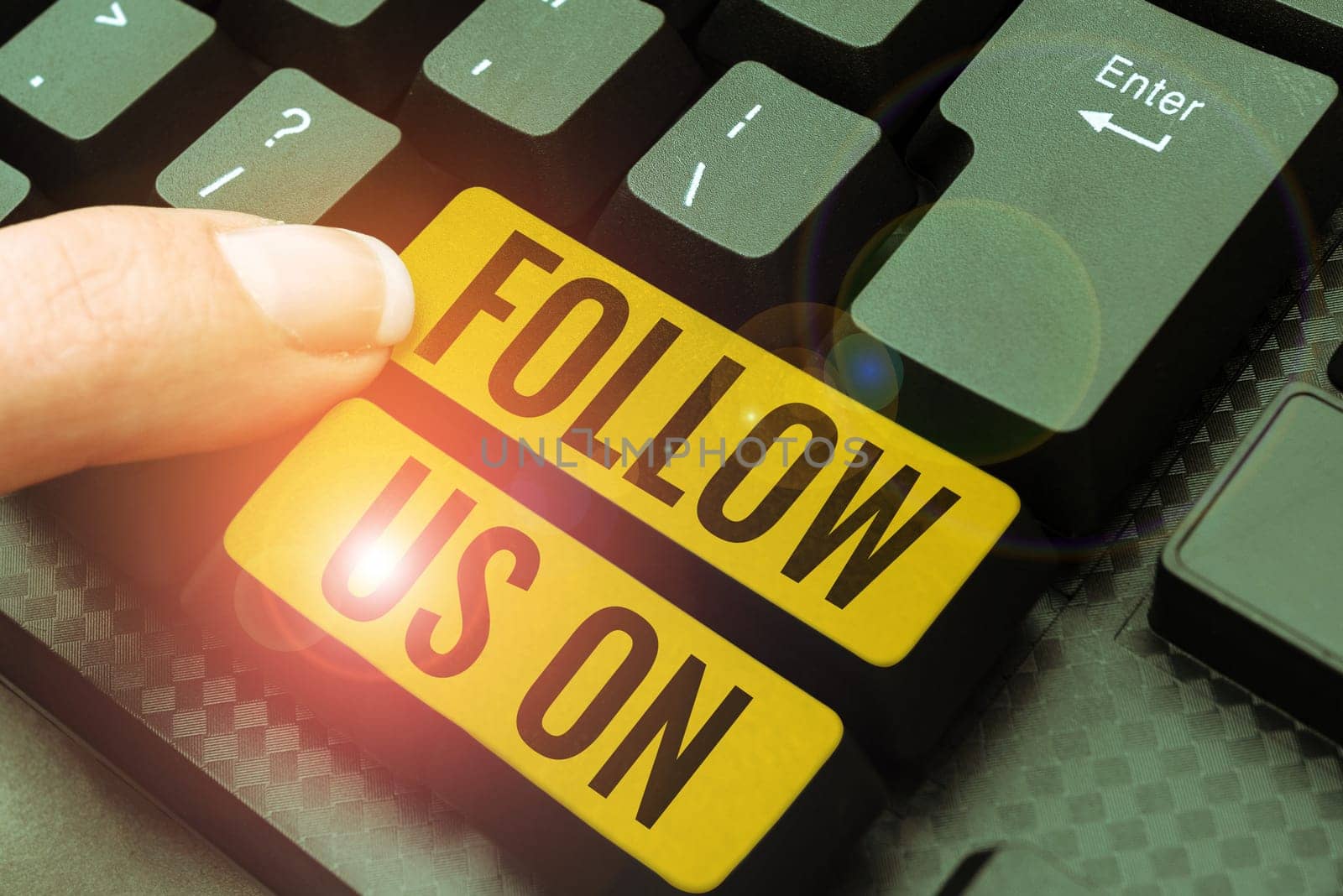 Handwriting text Follow Us On, Business overview To invite a person or group to join his company and take rules