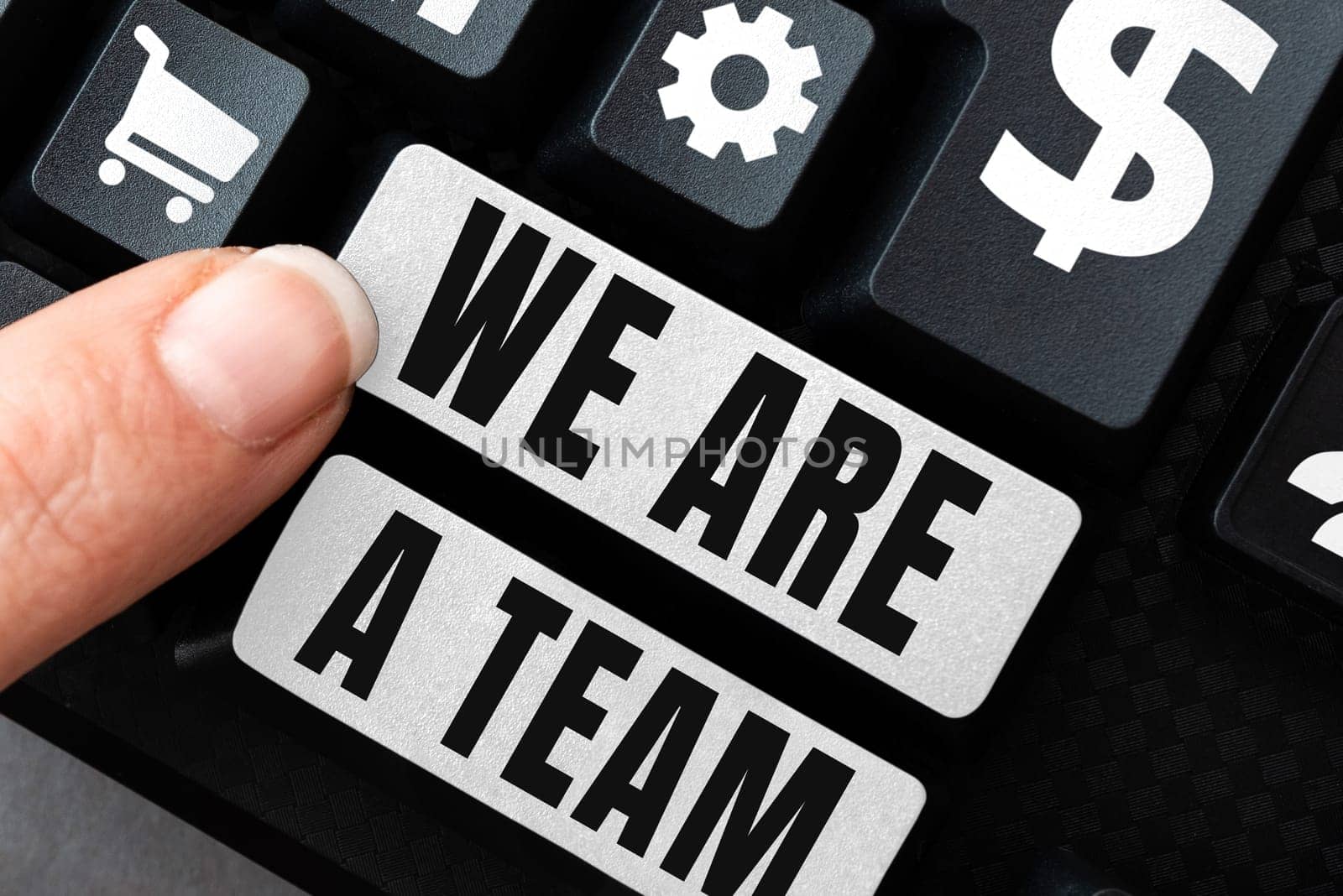 Text caption presenting We Are A Team, Business showcase work together to accomplish a common vision or goals