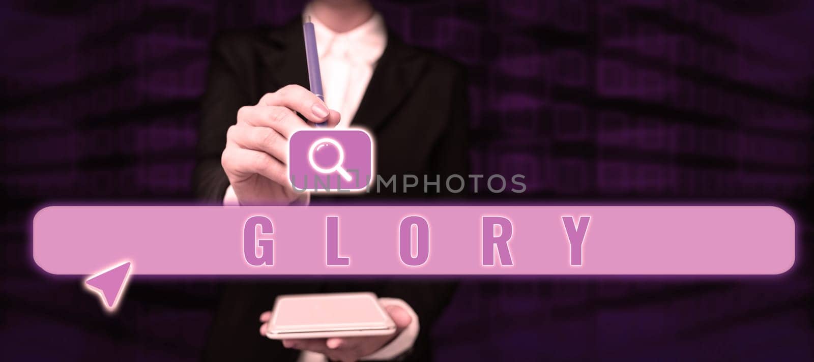 Text caption presenting Glory, Business showcase high renown or honor won by notable achievements To take pride