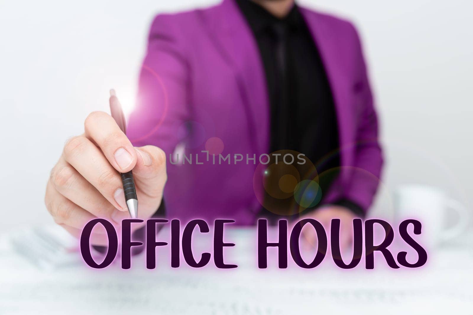 Hand writing sign Office Hours, Word for The hours which business is normally conducted Working time