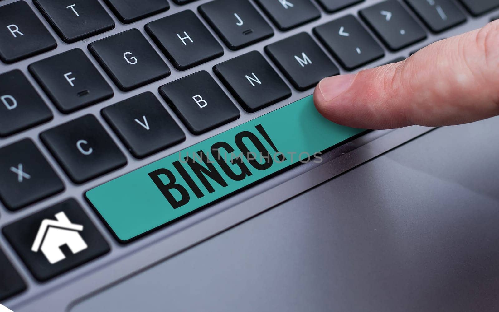 Text caption presenting Bingo, Business concept game of chance in which each player matches numbers printed