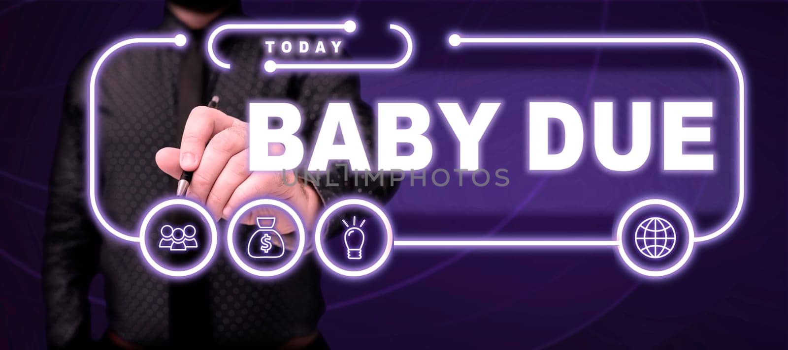 Conceptual caption Baby Due, Concept meaning about to born Under engagement as to time Expected to be ready