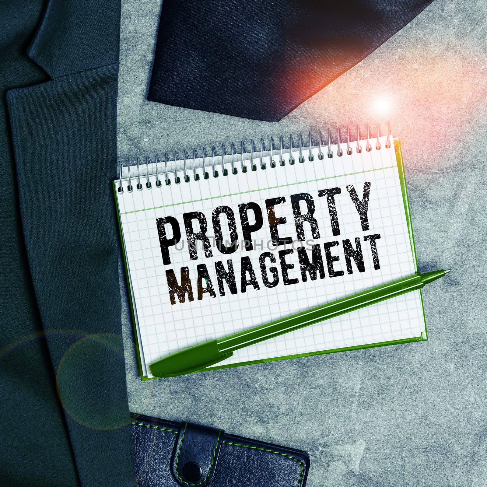 Sign displaying Property Management, Business approach Overseeing of Real Estate Preserved value of Facility