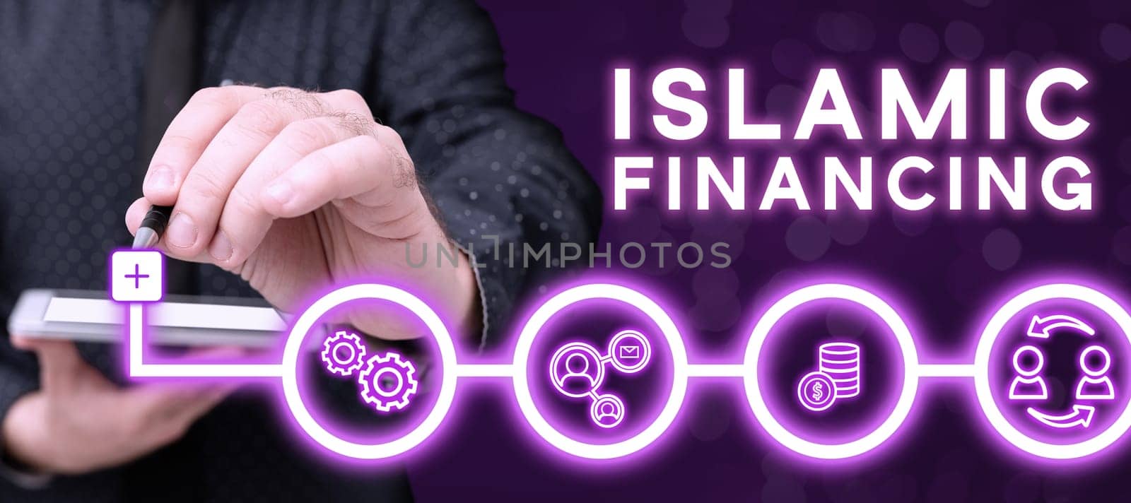 Text caption presenting Islamic Financing, Word Written on Banking activity and investment that complies with sharia