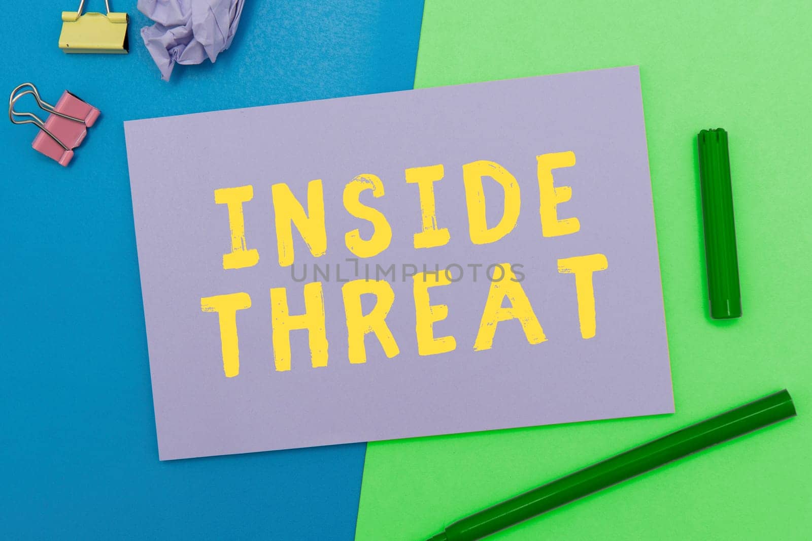 Conceptual display Inside Threat, Word Written on Information that only an insider would have Real information