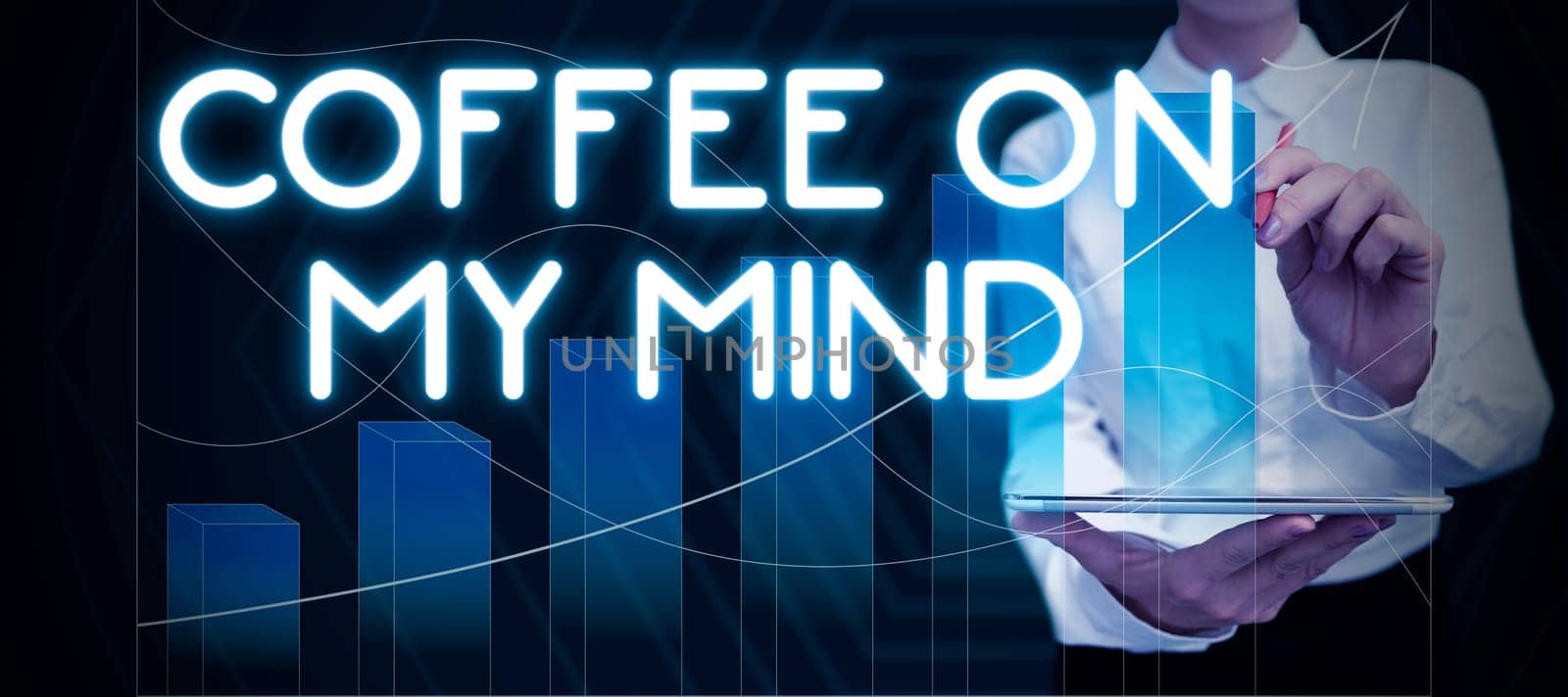 Text caption presenting Coffee On My Mind, Word Written on Addiction to Coffee Thinking of breaktime